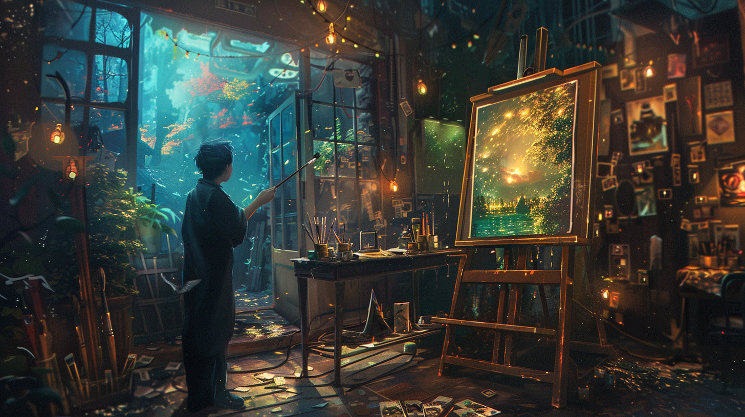 AI robot painting a picture in Ghibli style, holographic canvas, glowing brush strokes, dreamy setting, floating icons, futuristic art studio
