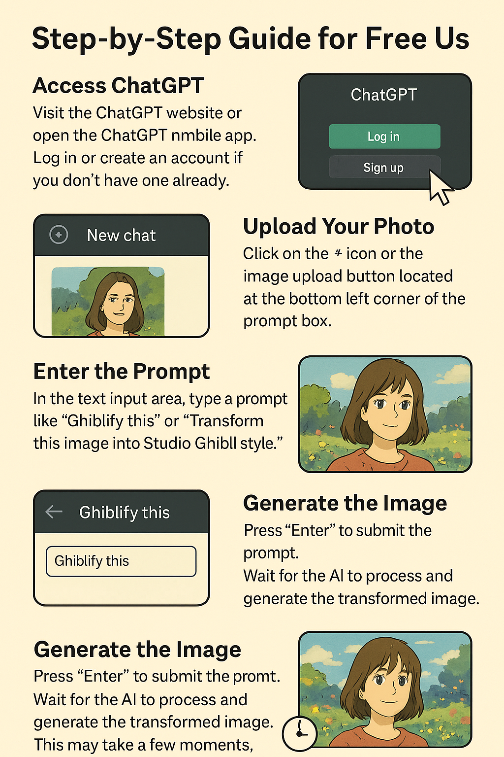 Step-by-step infographic showing how to create Studio Ghibli-style images using ChatGPT, including upload, prompt, and generation steps