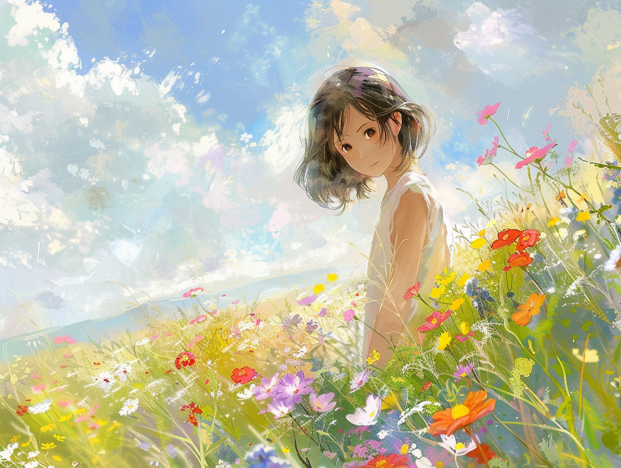 Studio Ghibli style portrait of a young girl in a field of flowers, bright sky, soft shadows, watercolor texture, high detail, anime expression