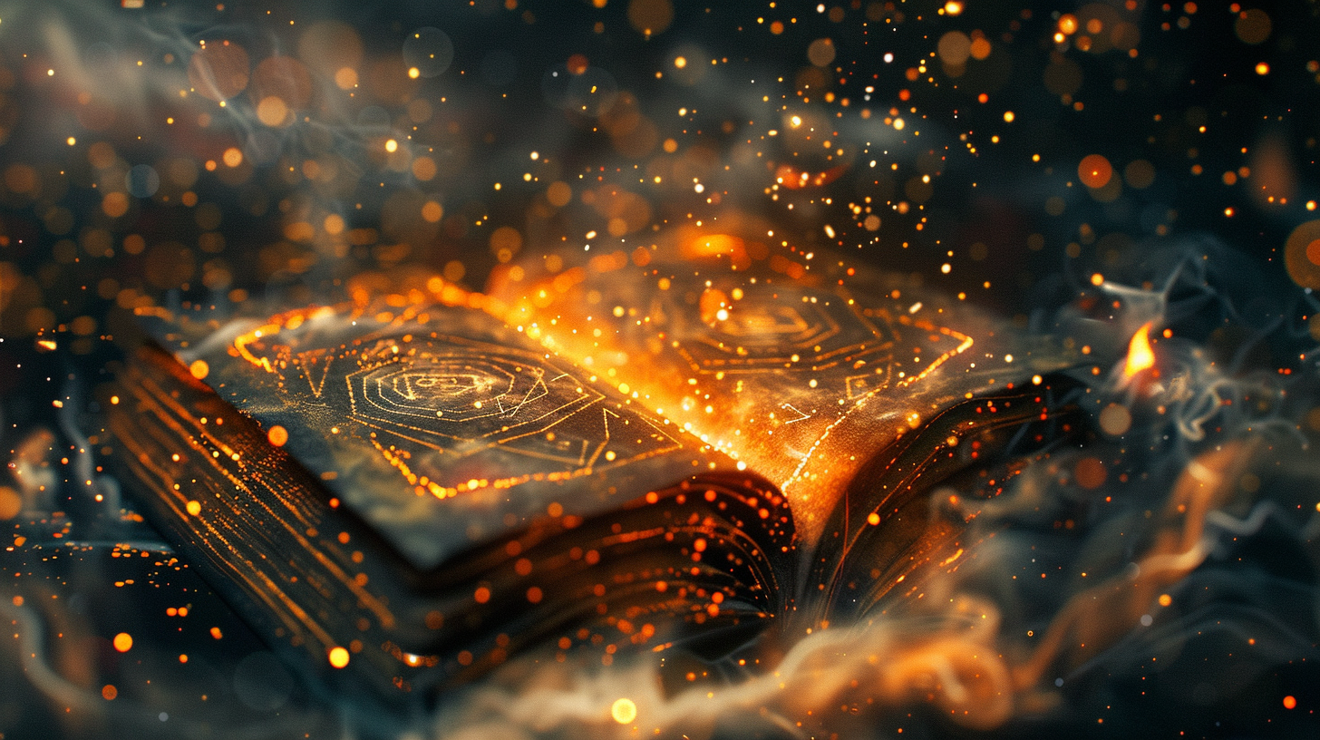 enchanted book glowing with AI symbols, surrounded by swirling particles, Studio Ghibli fantasy environment, warm and magical, cinematic composition