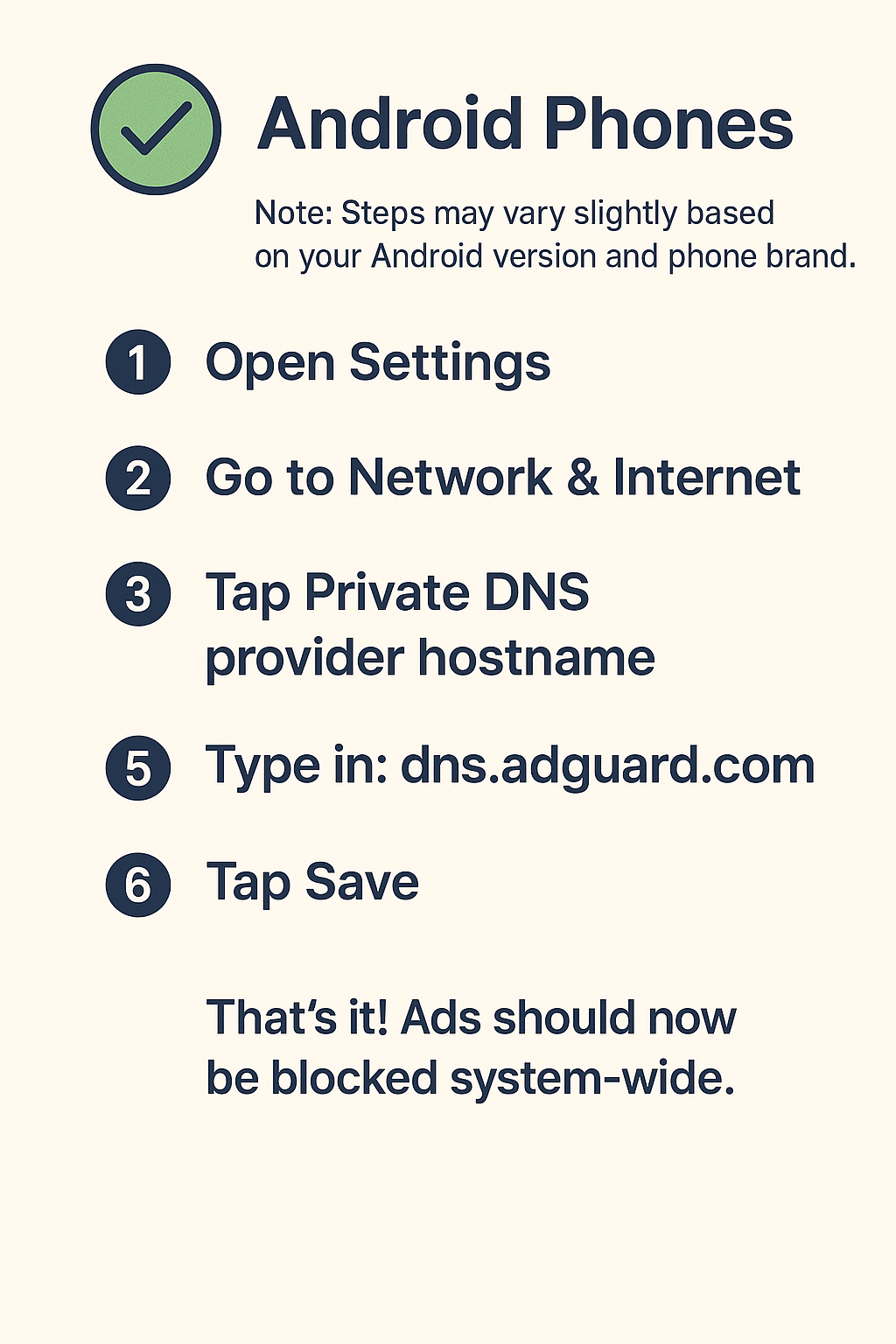 Step-by-step instructions on how to configure AdGuard DNS on Android by updating Private DNS settings to block ads.