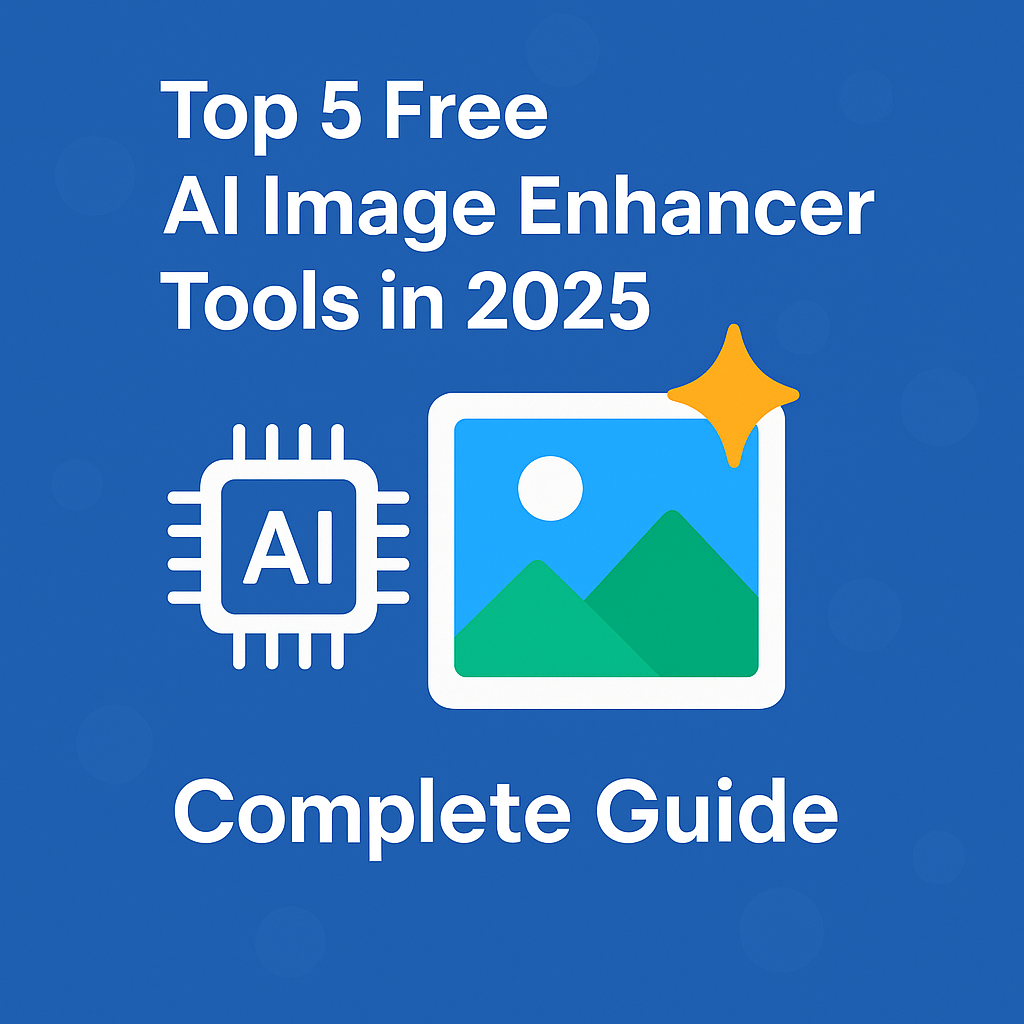 Flat digital graphic promoting AI image enhancer tools, with icons of photo editing, cloud AI, and enhancement filters on a gradient background.