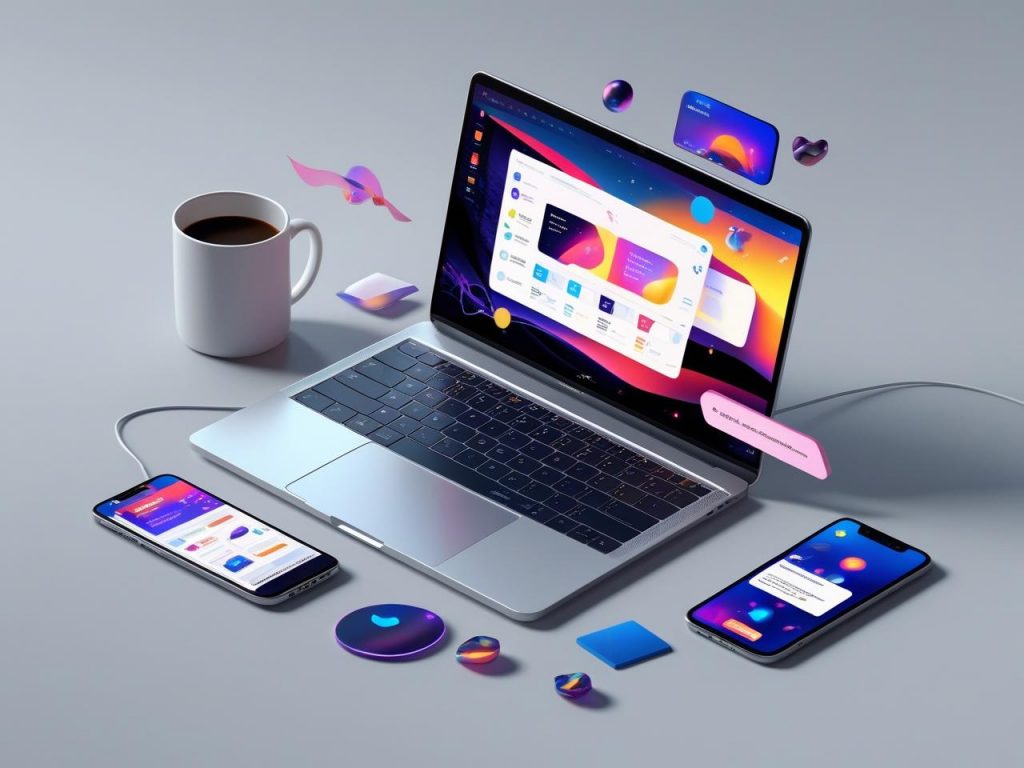 Creative digital workspace with laptop, smartphone, coffee mug, and colorful UI mockups on screen — clean background, modern, flat lay, high angle